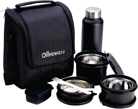 Oliveware Teso Lunch Box with Bottle Black | 3 Stainless Steel Containers and Pickle Box and Assorted Steel Bottle | Insulated Fabric Bag | Leak Proof Microwave Safe | Full Meal and Easy to Carry on Amazon.ae - Price Tracker
