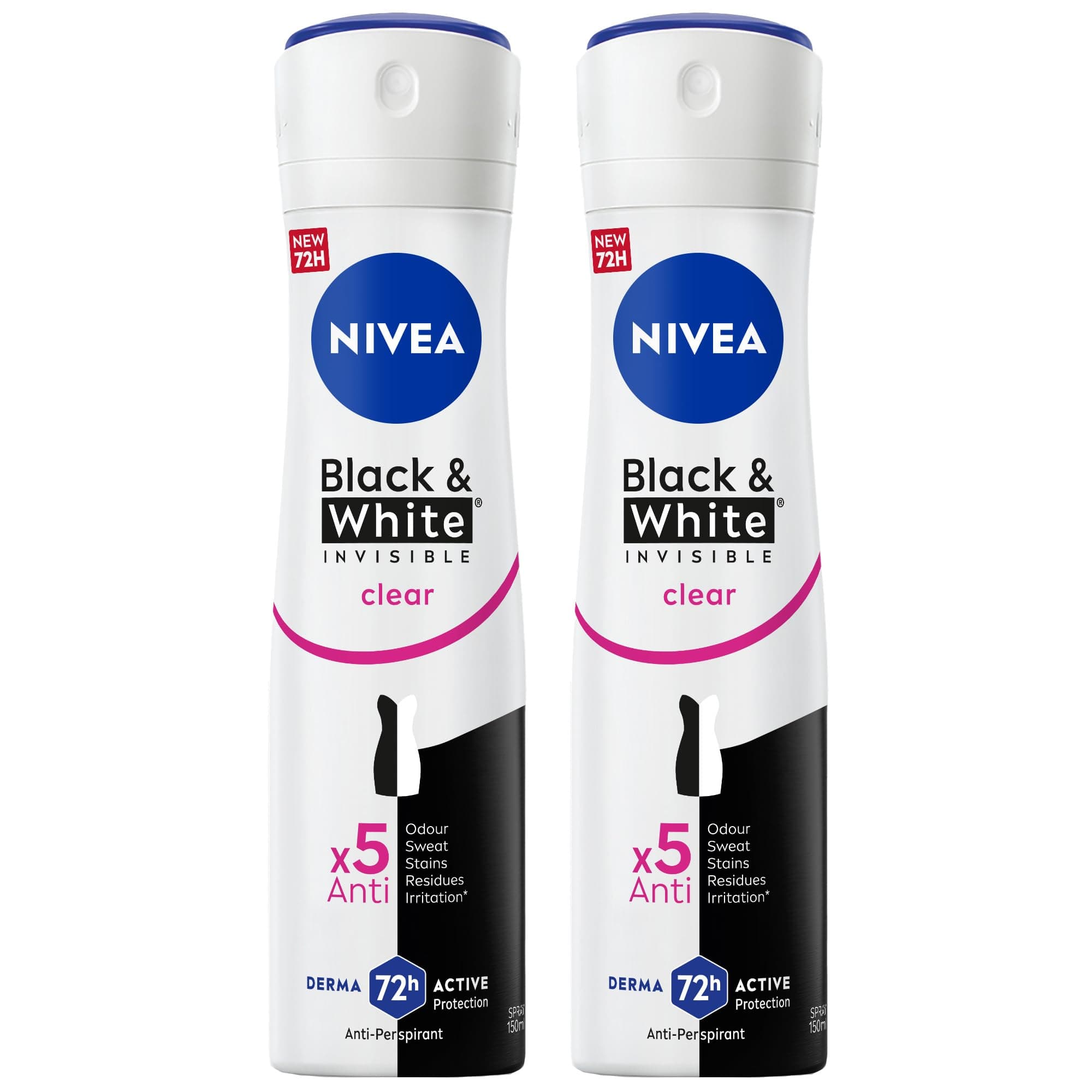 NIVEA Black & White Invisible Antiperspirant Deodorant Spray for Women, Clear, 72H Active Protection, 5IN1, Anti-Odour, Sweat, Stains, Residues & Irritation, 2x150ml on Amazon.ae - Price Tracker