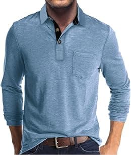 Men's Casual Polo Shirts Classic Button Basic Long Sleeve Shirt Solid Color Cotton Tees Stylish Tops - Best Deal Finder