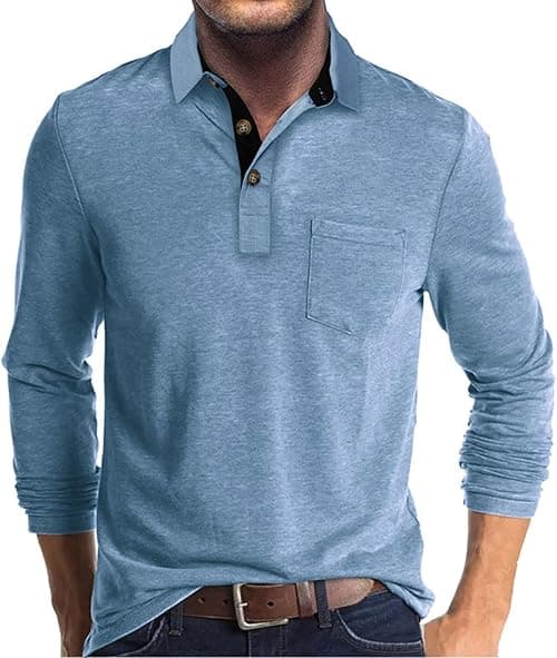 Men's Casual Polo Shirts Classic Button Basic Long Sleeve Shirt Solid Color Cotton Tees Stylish Tops on Amazon.ae - Price Tracker