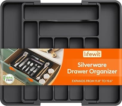 Lifewit Cutlery Box for Drawers, Adjustable Plastic Organiser Kitchen Depth 38 cm, Cutlery Insert 7-9 Compartments, Expandable up to 50 cm, for Spoons and Forks, Black, Large on Amazon.ae - Price Tracker