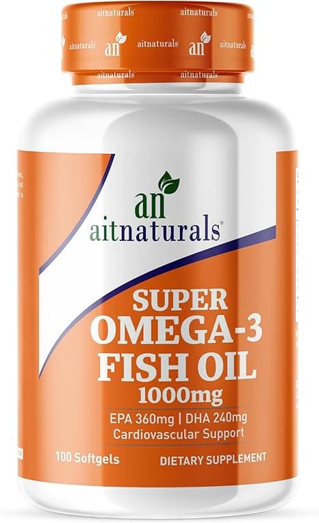 Aitnaturals Super Omega 3 Fish Oil (1000mg)- 100 Softgels | Double Strength EPA(360mg)+ DHA(240mg) Formula for Cardiovascular Support, Healthy Eyes, Hair, &amp; Skin, Improve Cognitive &amp; Brain Function on Amazon.ae - Price Tracker