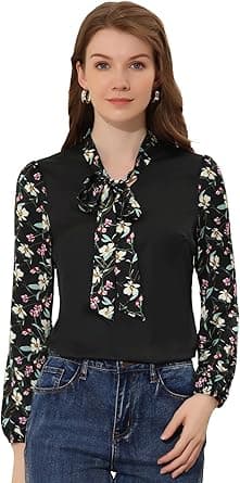 Women's Satin Contrast Floral Panel Bow Tie Long Sleeve Work Blouse on Amazon.ae - Price Tracker