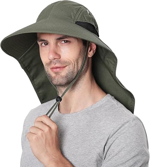 Outdoor Sun Hat for Men with 50+ UPF Protection Safari Cap Wide Brim Fishing Hat with Neck Flap, for Dad - Army Green على Amazon.ae - متتبع الأسعار