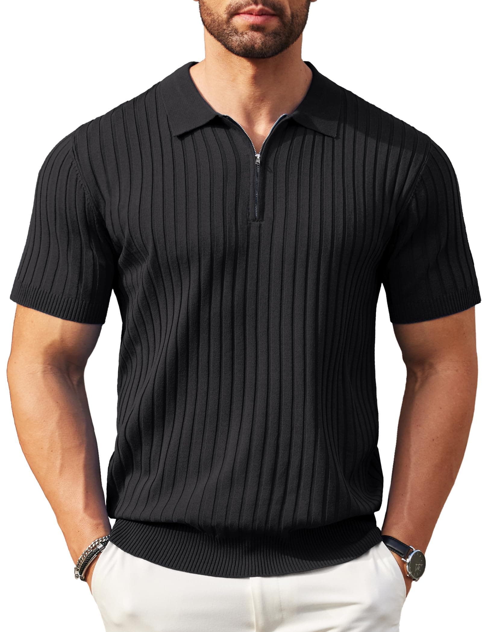 COOFANDY Men's Zipper Polo Shirts Short Sleeve Ribbed Knit Polo T Shirts Fashion Casual Golf Shirts on Amazon.ae - Price Tracker