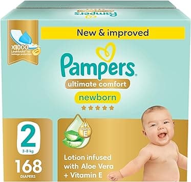 Pampers Ultimate Comfort Taped Diapers, Size 2, 3-8kg, Lotion infused with Aloe Vera and Vitamin E, x1000 Leak Locks Technology for Leakage Protection, Giant Saving Pack, 168 Count - Amazon.ae Price Tracker