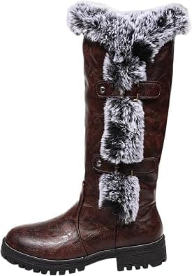 Women's Thick Plush Mid-Calf Snow Boots, Chunky Platform Waterproof Leather Fur Lined Riding Boot Warm Non-Slip Slip-On Knee-High Booties on Amazon.ae - Price Tracker