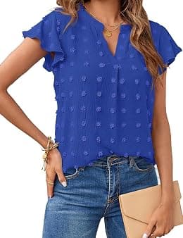 MEROKEETY Women 2023 Summer V Neck Ruffle Short Sleeve Blouse Swiss Dot Flowy Shirt Tunic Top - Best Deal Finder
