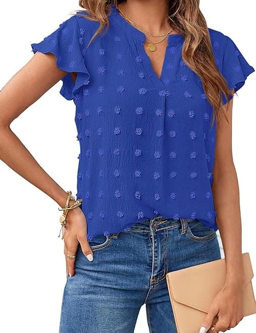 MEROKEETY Women 2023 Summer V Neck Ruffle Short Sleeve Blouse Swiss Dot Flowy Shirt Tunic Top on Amazon.ae - Price Tracker