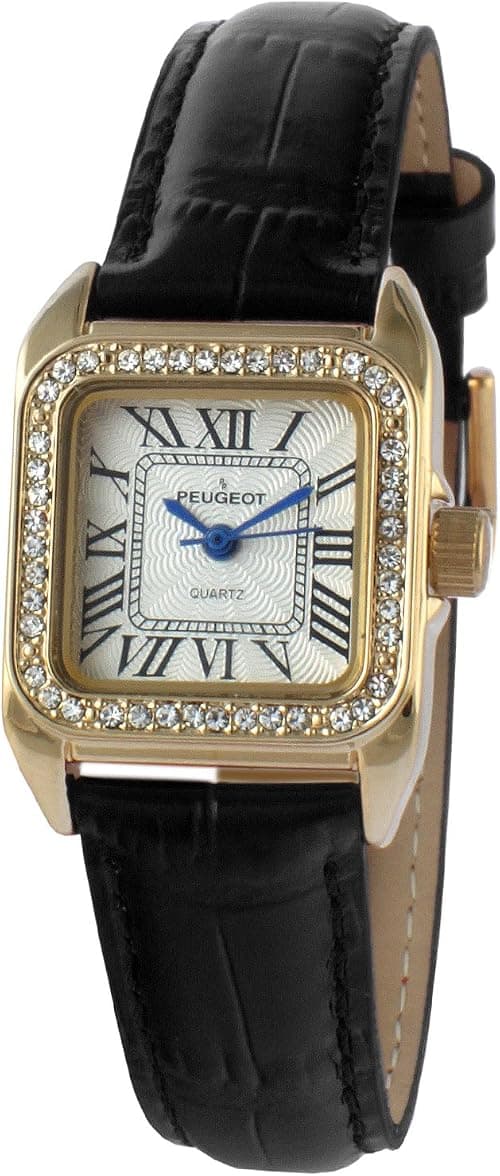 Peugeot Women's 14K Gold-Plated Tank Crystal Bezel Roman Numeral Black Leather Band Watch 3052BK على Amazon.ae - متتبع الأسعار