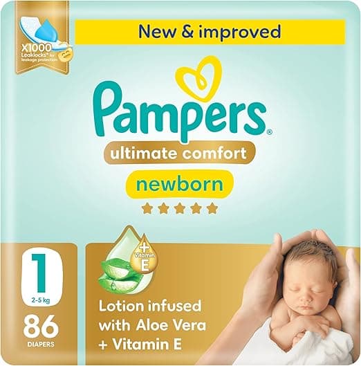 Pampers Ultimate Comfort Taped Diapers, Size 1, 2-5kg, Lotion infused with Aloe Vera and Vitamin E, x1000 Leak Locks Technology for Leakage Protection, Mega Pack, 86 Count on Amazon.ae - Price Tracker