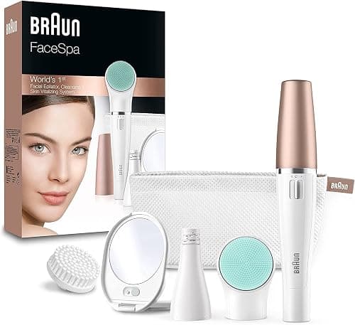 Braun FaceSpa Face Epilator, Hair Removal with Facial Cleansing Brush Head, Lighted Mirror and Beauty Pouch, 851V, White على Amazon.ae - متتبع الأسعار