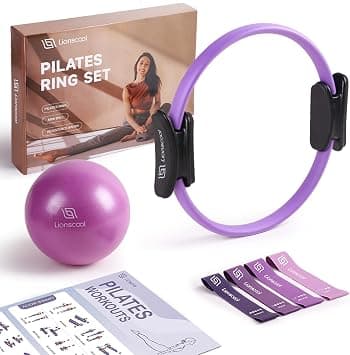 LIONSCOOL Pilates Ring Set - Premium14”Magic Circle with Dual Padded Handles - Includes Pilates Mini Ball & Highly Elastic Resistance Bands & Workout Guide & Bag - Best Deal Finder