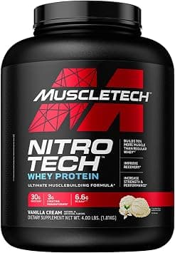 Muscletech NitroTech Whey Protein Ultimate Muscle Building Formula with a Unique Blend of Whey Protein Isolate & Peptides - 30gm Protein, 3gm Creatine & 6.8gm BCAAs, Vanilla Cream Flavor, 4.00 lbs - Amazon.ae Price Tracker