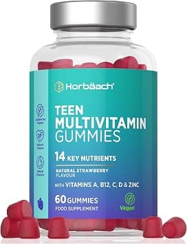 Horbäach Multivitamins for Teens | 60 Vegan Gummies | 14 Essential Nutrients | with Vitamin A, B12, C, D & Zinc | Natural Strawberry Flavour | by on Amazon.ae - Price Tracker