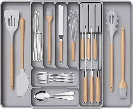Lifewit Cutlery Organizer for Drawer, Adjustable Cutlery with Removable Knife Block, Plastic Accessories Pantry, Spoon Holder, Forks, Depth 40 cm, Grey, 1 Set on Amazon.ae - Price Tracker