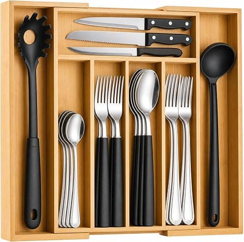 Oasisgalore Adjustable Cutlery Organiser with 5-7 Compartments, Bamboo Cutlery Organiser Drawer Tray Spoon Storage Organizer Silverware Organizer for Kitchen on Amazon.ae - Price Tracker