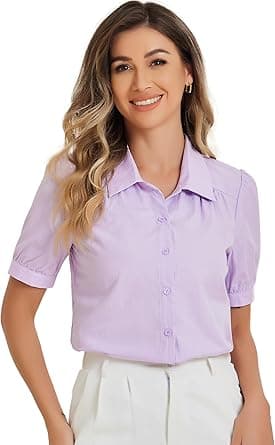 Elegant Cotton Top Blouse for Women's Puff Short Sleeve Button Front Shirt on Amazon.ae - Price Tracker