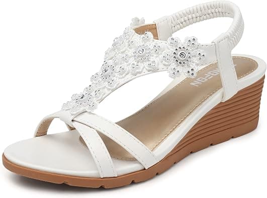 TEMOFON Womens Sandals Wedge Low: Summer Open Toe Wedges - Dressy Casual Elastic Ankle Strap Platform - Comfortable Rhinestone Flower Sandals on Amazon.ae - Price Tracker