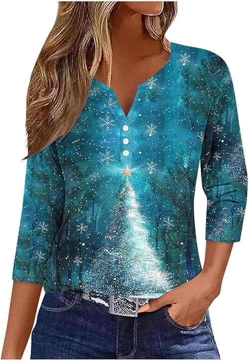 Christmas T Shirts for Women UK Novelty Xmas Jumpers 3/4 Sleeve Tops V Neck T Shirts Henley Shirt Xmas Tree Snowflake Print Blouse Sweatshirt Dressy Tunic Top Holiday Blouse Tops on Amazon.ae - Price Tracker