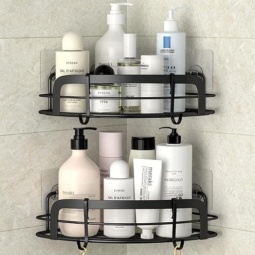 STEUGO Black Corner Shower Caddy Adhesive Shower Shelf US304 Stainless Steel Shower Wall Caddy Drill Free Corner Shelves with 4 Hooks Bathroom Corner Storage Organizer, 2 Pack on Amazon.ae - Price Tracker