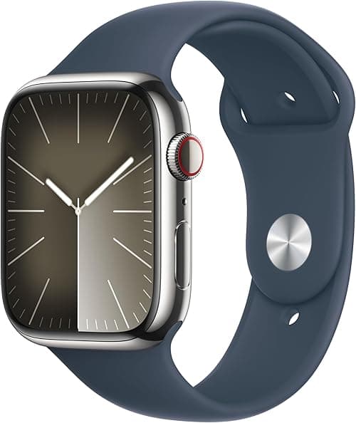 Apple Watch Series 9 [GPS+Cellular 45mm] Smartwatch with Silver Stainless steel Case with Storm Blue Sport Band M/L. Fitness Tracker,Blood Oxygen & ECG Apps,Always-On Retina Display,Water Resistant on Amazon.ae - Price Tracker