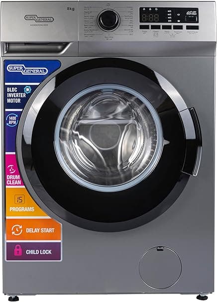 Super General 8 Kg Front Load Washing Machine SGW8250NLEDS, Inverter Motor, 1400 RPM, 15 Programs, Energy Saving, LED Display, 85x47.5x59.5 cm (WxDxH), Silver, 10 Year Motor Warranty on Amazon.ae - Price Tracker