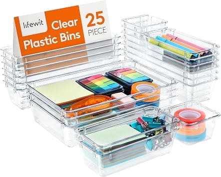 Lifewit 25 PCS Drawer Organiser Set Clear Plastic Desk Organizer Drawer Dividers Trays Dresser Storage Bins Separation Box for Makeup Organizer,Bathroom Organizer,Bedroom,And Office,No Silicone Plug على Amazon.ae - متتبع الأسعار