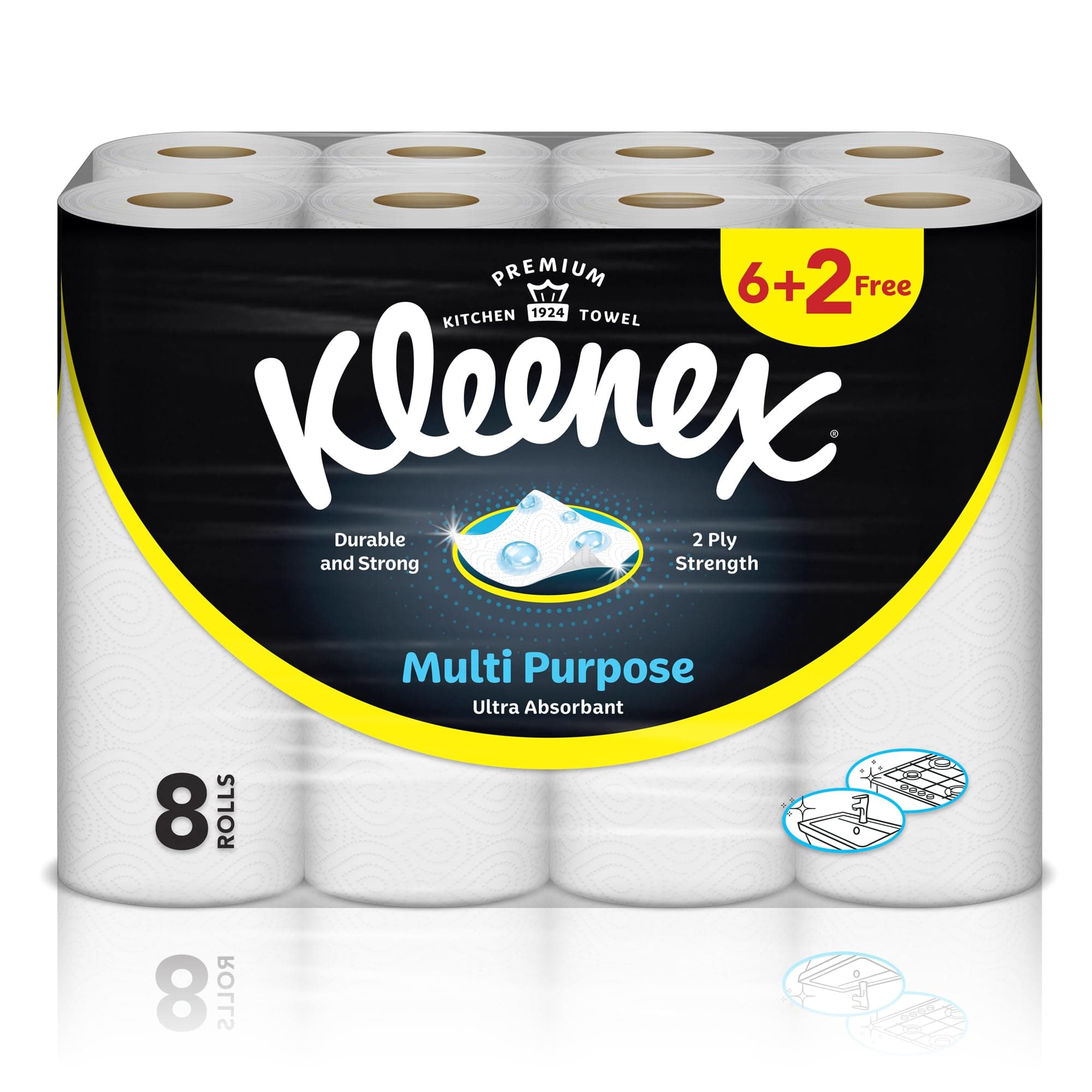 Kleenex Multi Purpose Kitchen Tissue Paper Towel, 2 PLY, 8 Rolls x 40 Sheets, Absorbent Towels for all Surfaces on Amazon.ae - Price Tracker