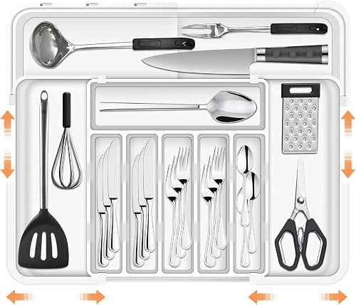 Necomi Larger Cutlery Drawer Organiser with 9 Compartments, 3-sided Expandable Kitchen Drawer Organiser, Non-Slip Utensil Organiser, Large Drawer Organizer for Spoons, Forks and Knives (White) على Amazon.ae - متتبع الأسعار