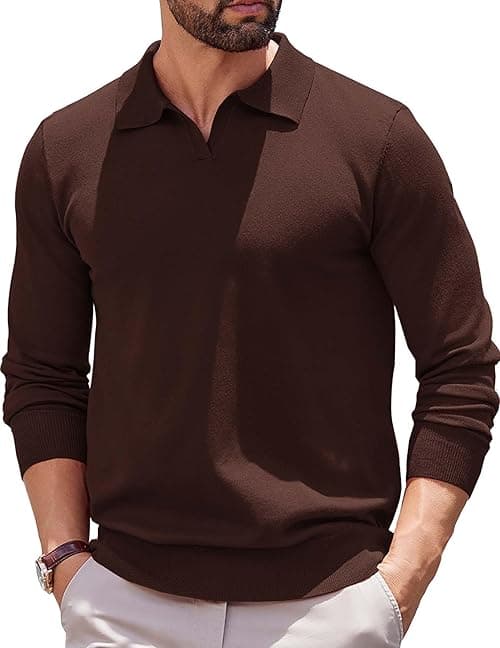 COOFANDY Long Sleeve Polo Shirts for Men Knit Polo Sweater Lightweight Ribbed Pullover Sweater on Amazon.ae - Price Tracker