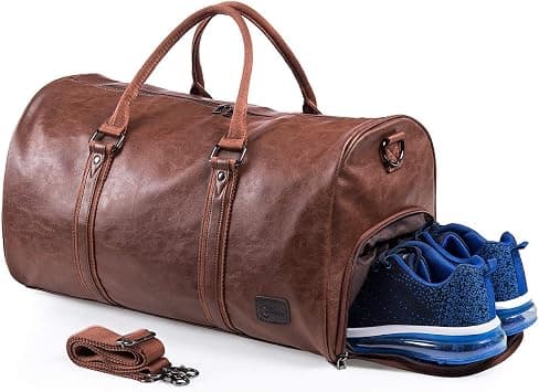 Leather Travel Bag with Shoe Pouch, Waterproof Weekender Overnight Bag, Large Carry On Duffel Bag for Men Women-Brown على Amazon.ae - متتبع الأسعار