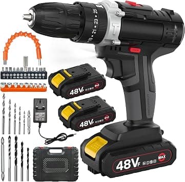 48V Cordless Drill, Power Hammer Drills Set with 2 Batteries and Charger,3/8-Inch Chuck Electric Drill Driver,25 Torque Setting,2 Variable Speed, LED Light, Drill/Driver Bits Included - متتبع أسعار Amazon.sa