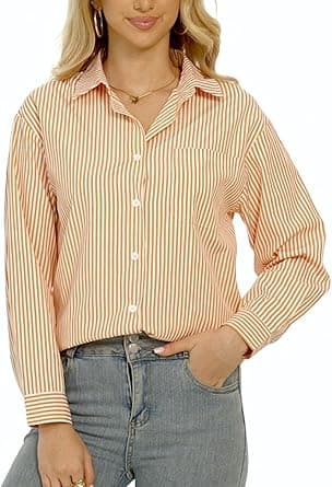 hathne Women's Button Down Striped Shirts Casual V-Neck Long Sleeve Stripes Business Blouses with Pocket on Amazon.ae - Price Tracker