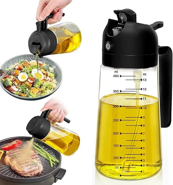 2 in 1 Oil Sprayer &amp; Dispenser Bottle, 470ml Glass Mister with Ergonomic Handle, Non-Drip Pour Spout for Air Fryer, Salad &amp; BBQ, Healthy Cooking Gadget (Black) on Amazon.ae - Price Tracker