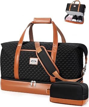 Travel Bag 50L with Shoe Compartment and Toiletry Bag, Lightweight Waterproof Gym Duffel Bag for Women, Weekender Overnight Bag, Quilted Black on Amazon - Best Deal Finder