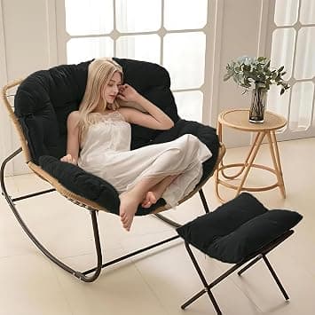 Comfortable Ergonomic Outdoor Rocking Chair with Thick Soft Cushion - Wicker Lounge Chair for Living Room Bedroom Reading Room (Black) على Amazon.ae - متتبع الأسعار