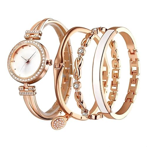 Excefore Elegant Women Watch Set, 4 Pcs Lady Watches with Bracelet Set, Analogue Quartz Diamond Watches with Stainless Steel Strap, Rose Gold Watch and Bracelet Set on Amazon.ae - Price Tracker