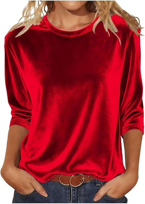 Women’s 3/4 Sleeve Velvet Top Round Neck Pullover Soft Velour Tunic Blouse Dressy Fall Shirt Vintage Elegan Blouses on Amazon.ae - Price Tracker