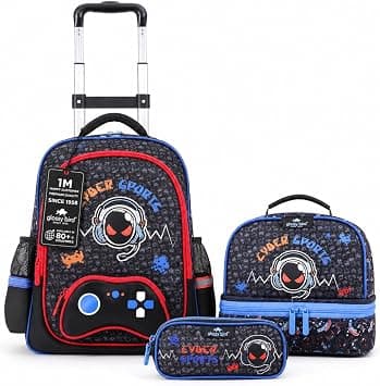 Kids 3 Wheel Trolley School Backpack Set, 3 wheel Detachable Rolling School Bag with Lunch Bag and Pencil Case for Kids (Cyber Support) on Amazon.ae - Price Tracker