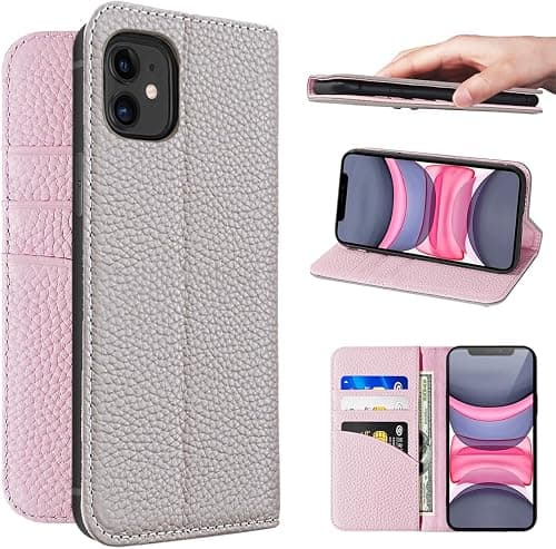 iPhone 11 Wallet Case Genuine Leather RFID Blocking Card Holder Flip Case Magnetic Closure Shockproof Flip Cover - grey/Pink on Amazon.ae - Price Tracker