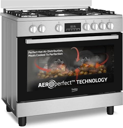 Beko 90x60cm Free standing Combination Cooker(Gas Hob/Oven Electric)with Air Fryer function,full safety with 5 High Efficiency Gas Burner(1 Wok),Dual Conventional fan oven,108 ltrs Oven,BGTW 11227 EXA on Amazon.ae - Price Tracker