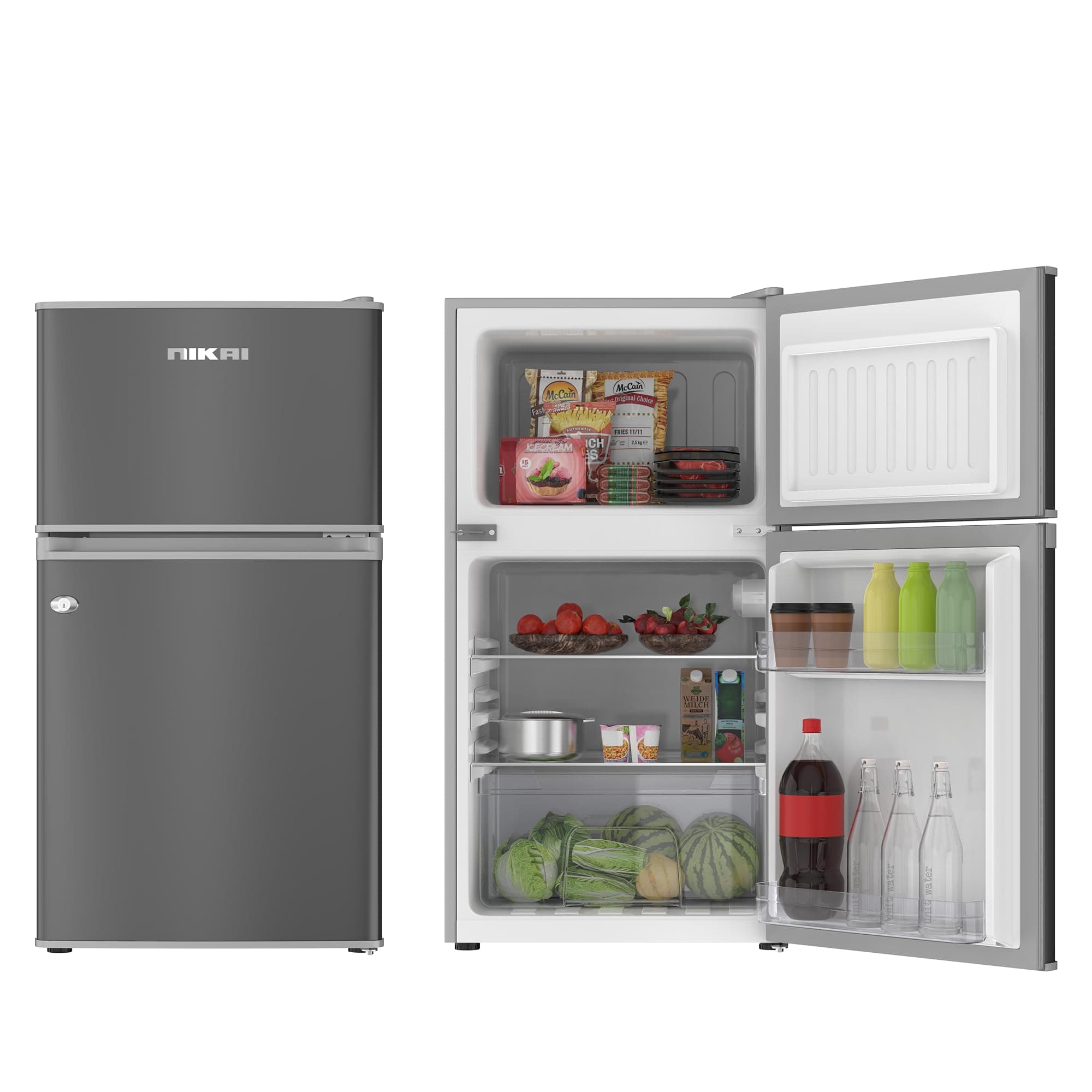 Nikai 135L Gross/88L Net, Small Double Door Mini Refrigerator with Vegetable Crisper & Adjustable Glass Shelves, Defrosting, Mini Fridge for Home, Kitchen, Bedroom, Office & Hotels NRF135DDS Silver on Amazon.ae - Price Tracker