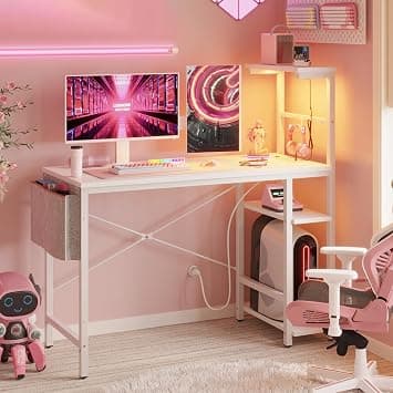 Bestier Gaming Desk with Power Outlets, 44 Inch Led Gamer Desk with 4 Tiers Reversible Shelves, PC Gaming Table with Headset Hook & Side Storage Bag for Bedroom (White 3D Carbon Fiber) - Best Deal Finder