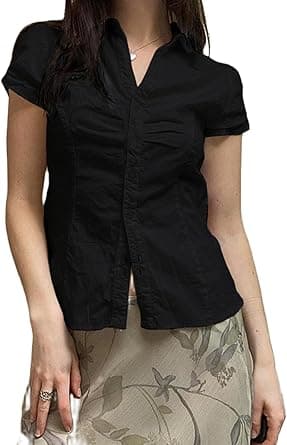 Women Y2k Button Down Shirts Ruched Lapel Collar Short Sleeve Office Business Blouse Summer Fashion Street Tops on Amazon.ae - Price Tracker