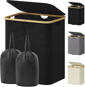 Lifewit Narrow Dirty Clothes Basket with Lid, Foldable Clothes Basket with Removable Bag and Handle, Bamboo Dirty Clothes Basket for Bedroom, Bathroom, Laundry, Bedroom, 120 L, Black on Amazon.ae - Price Tracker