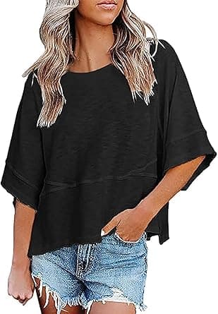 Womens Fashion T-Shirt CrewNeck 3/4 Sleeves Solid Color Loose Basic Pullover Tops Summer Casual Tees Blouses on Amazon.ae - Price Tracker