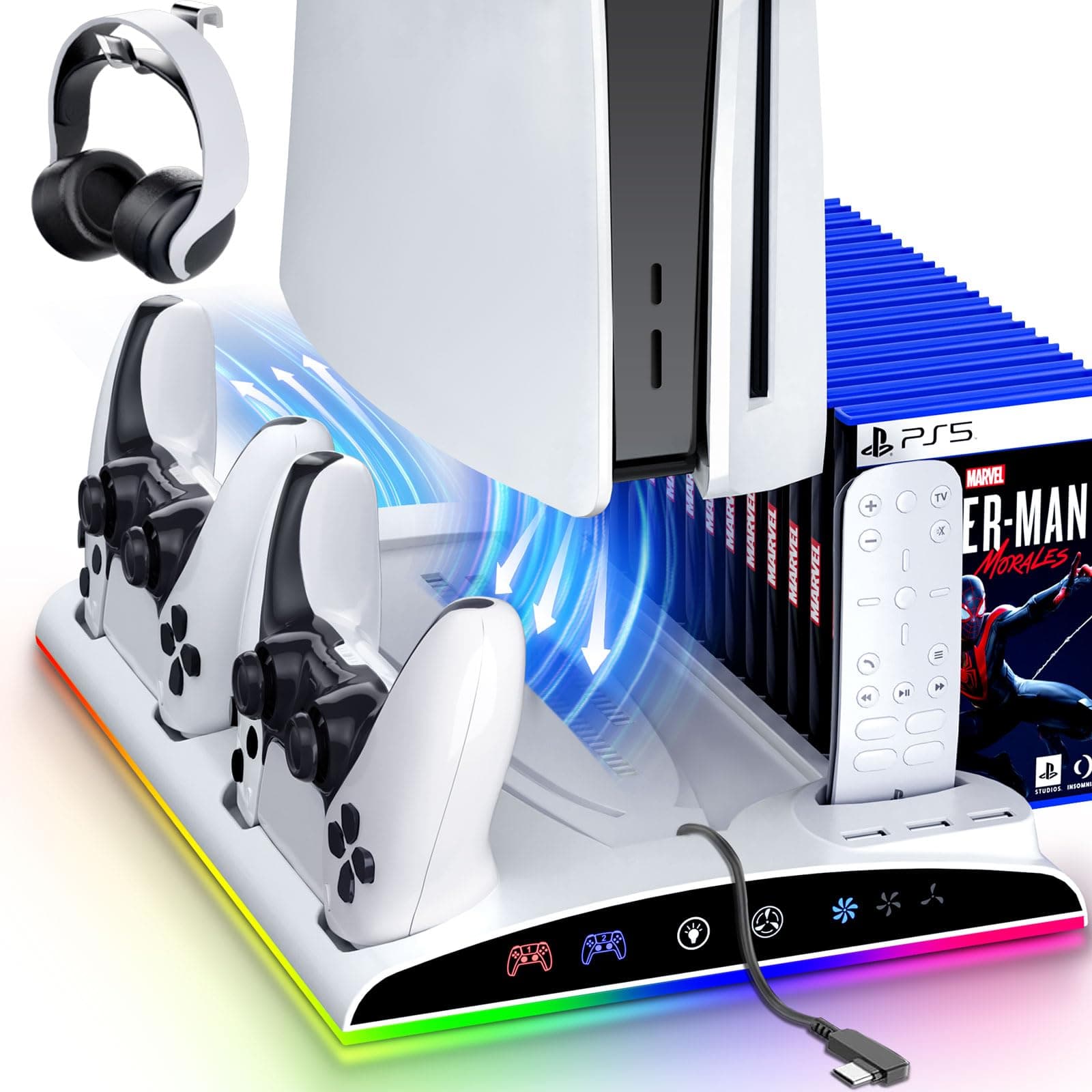 Garlo PS5 Stand with Cooling Station, Controller Charging Station for PlayStation 5 & Slim & Pro Console Disc/Digital Edition - Accessories: Cooling Fan, RGB LED, USB Hubs, Headset Holder, Game Slot on Amazon.ae - Price Tracker