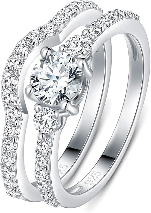 BORUO 925 Sterling Silver Ring, Cubic Zirconia CZ 2pc Wedding Band Stackable Ring Set 4mm Size 4-12 on Amazon.ae - Price Tracker