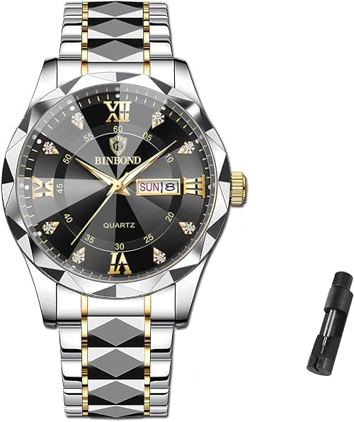 Luxury Business Wrist Watch for Men, Waterproof Stainless Steel Diamond Quartz with Luminous Analog & Roman Numeral, Gold and Silver Tone Business Dress Watch with Day-Date Calendar on Amazon.ae - Price Tracker